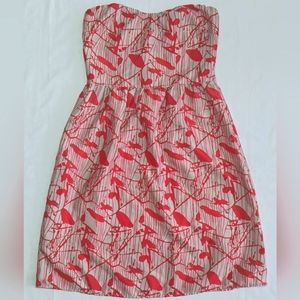 Everly Bird Themed Strapless Mini Dress Red Gray SMALL